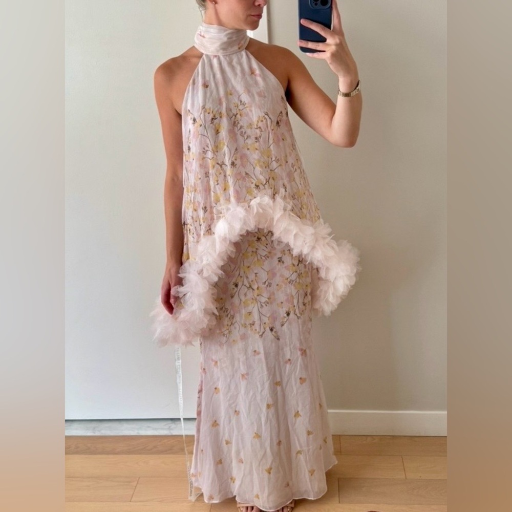 Elliatt Pale Pink Floral Halter Maxi Dress with Feather Trim